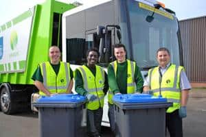 (l-r) Simon Wells, Verdant foreman/driver; Blue Peter presenter Andy Akinwolere; Verdant loader Alan Webb; and Verdant contract supervisor, Roy Compton
