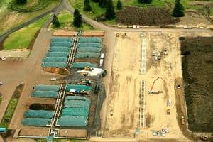 An aerial view of a negatively aerated open windrow site for 60,000 tonnes per annum using ECS aerated static piles technology at Silver Springs Organics, near Seattle in the US.