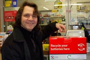 CoBRA scheme managing director Mark Hatwood with one of the battery collection boxes being used in Hertfordshire (image copyright Mary Alice Pollard – www.justnicephotos.com)