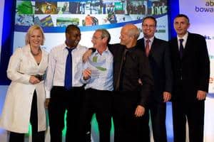 (l-r) Daisy McAndrew; Three Rivers district council collection crew, Tom Harris, Martin Rolls and Darren Arran; Marek Gordon, chief executive, SITA Trust; and Steve Eminton, letsrecycle.com