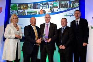 (l-r) Daisy McAndrew; two representatives of Dreams; Matt Prosser, commercial director, Severnside Recycling; Steve Eminton, letsrecycle.com
