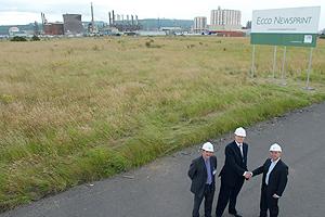 (l-r) Richard Hunter, project executive at Tees Valley Regeneration; chief executive of Ecco Newsprint Marcus Moir and Alastair Howarth of One Northeast inspect the new site