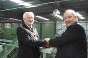 (l-r) Worcestershire county council chairman, Cllr John Cairns, and Cllr John Jarvis, Herefordshire council cabinet member for Environment, to 'push the button' to officially open the EnviroSort facility