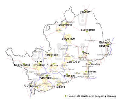 Hertfordshire council map showing HWRCs in the county
