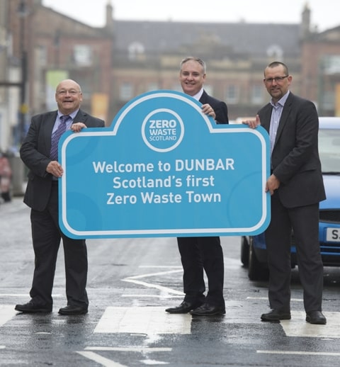 (l-r) Brian Grindley, chair, Sustaining Dunbar; Environment Secretary, Richard Lochhead; and Iain Gulland, director, Zero Waste Scotland