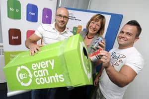 Environment minister Jane Davidson with members of the IPS Green Team promoting the Every Can Counts campaign