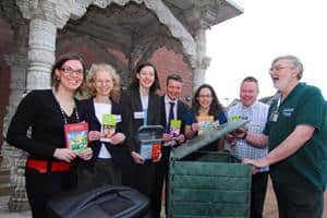 (l-r) Heather Brierley, director of social change; Sarah Drewery, Environment Agency; Karen Wallace, Lancashire Business Environment Association; Andrew Swarbrick, former chair Lancashire CRN; Rachel Fleming, Laundry manager; Stephen Buchanan, Furniture Matters; and, Ron Crisp, composting expert
