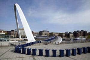 MGB Plastics promoted the rollout of the new 240 litre blue wheeled bins by showcasing them on the Gateshead Millennium Bridge