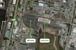 An aerial view of New Earth's Avonmouth site, showing where the MBT (left) and energy plant (right) will be developed