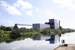 An artist’s impression of the proposed Barton Renewable Energy Plant being proposed by Peel Energy on the banks of the Manchester Ship Canal