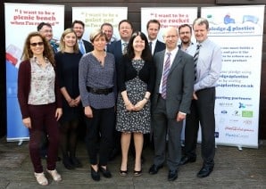 Some of the stakeholders behind the campaign (l-r): Giustina Diana, Coca-Cola Enterprises; Martin Curtois, Veolia; Alison Ingle, Nestle UK; Paul Vanston, Kent Resource Partnership; Rachel Gray, WRAP; Stuart Foster, Recoup; minister Dan Rogerson; Pat Hindley, Surrey county council; Matt Smyth, Surrey county council; Adrian Hawkes, Valpak; Nick Cliffe, Closed Loop Recycling; Steve Morgan, Recoup
