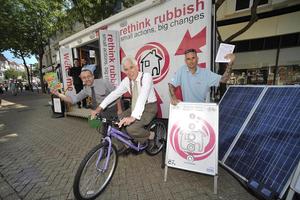 Councillor Matthew Lock, lead member for transport and environment at East Sussex county council, tries out the ‘energy bike’ on the Rethink Rubbish Bus