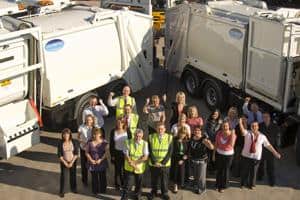 Staff from Rhondda Cynon Taff council pose with the new Dennis Eagle refuse vehicles which will be used to help collect food waste collections