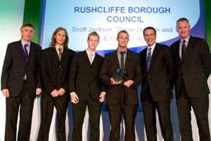 (l-r) Steve Eminton; Ed Medhurst, Rushcliffe borough council; Shaun Jackson, Rushcliffe borough council; Steve Jackson, Rushcliffe borough council; Dermot Murnaghan; David Palmer-Jones, chief executive of SITA UK