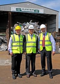 (left to right) David Dodds, joint managing director at Sackers, Weng Gongmin, president of the Chinese Metal Recycling Association, and Ian Hetherington, director-general of the British Metals Recycling Association, at yesterday's site visit in Suffolk
