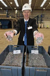 Sims Newport regional manager, Paul Wake, with polymers recovered during reprocessing at the newly-opened Newport facility