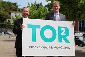 (l-r) Mayor Nick Bye and Andrew Muncer of May Gurney unveil the new company name at the Town Hall in Torquay