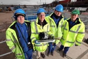 (l-r) Lee Darbyshire, HRWC operative; Colin Drummond, Viridor chief executive; Damien Taylor, HWRC operative; Barry Nuttall, chargehand at Arkwright St HWRC