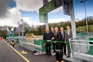 The Mayor of Wrexham, Cllr David Griffiths (centre), joins Cllr Neil Rodgers, John Bradbury, chief environment services officer, Cllr Malcolm Williams and David Rees, the general manager for Waste Recycling Group to open the Brymbo site