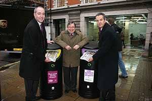 L-R: John Leitch of Associated Newspapers, Cllr Alan Bradley of Westminster city council and Ian Clark of NI Free Newspapers, unveil the new recycling bins