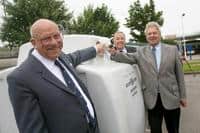 Stanley Race, Pete Grayhurst of British Glass and Ron England of Glass Recycling UK celebrate the glass recycling anniversary