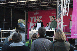 (l-r) Hugh Fearnley-Whittingstall and Tristram Stuart talk about the benefits of feeding food waste to pigs in Trafalgar Square
