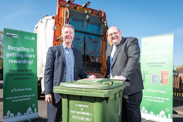 Councillor Brian Long (right) launching King's Lynn and West Norfolk's recycling rewards scheme with Local Green Points' Graham Simmonds
