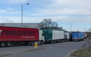 Queues of vehicles outside Aylesford Newsprint today, delivering used newspapers and collecting newsprint reels