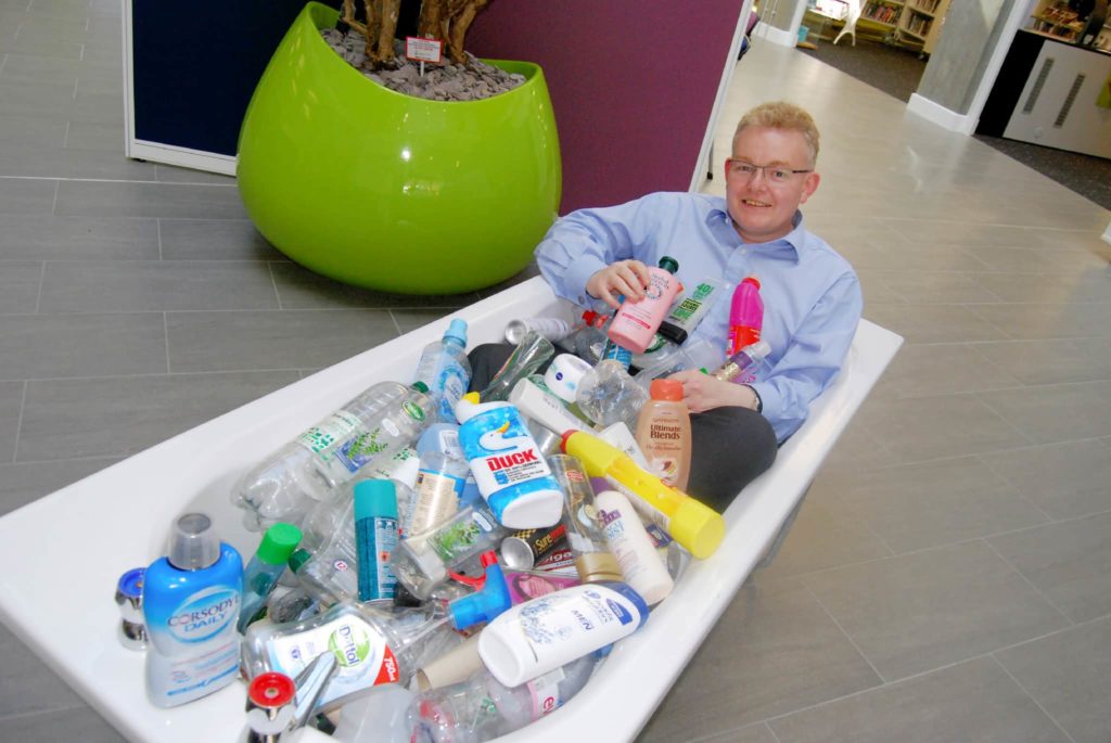 South Northamptonshire council leader, Cllr Ian McCord, takes a dip in support of Recycling Week