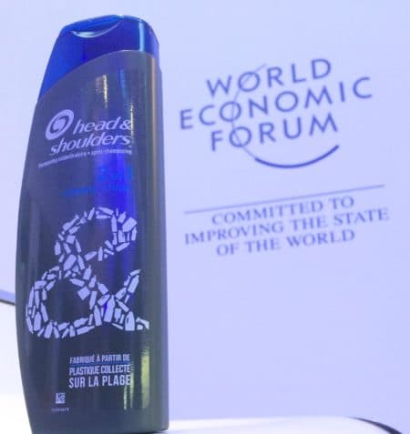 A finished beach plastic bottle on display at the World Economic Forum