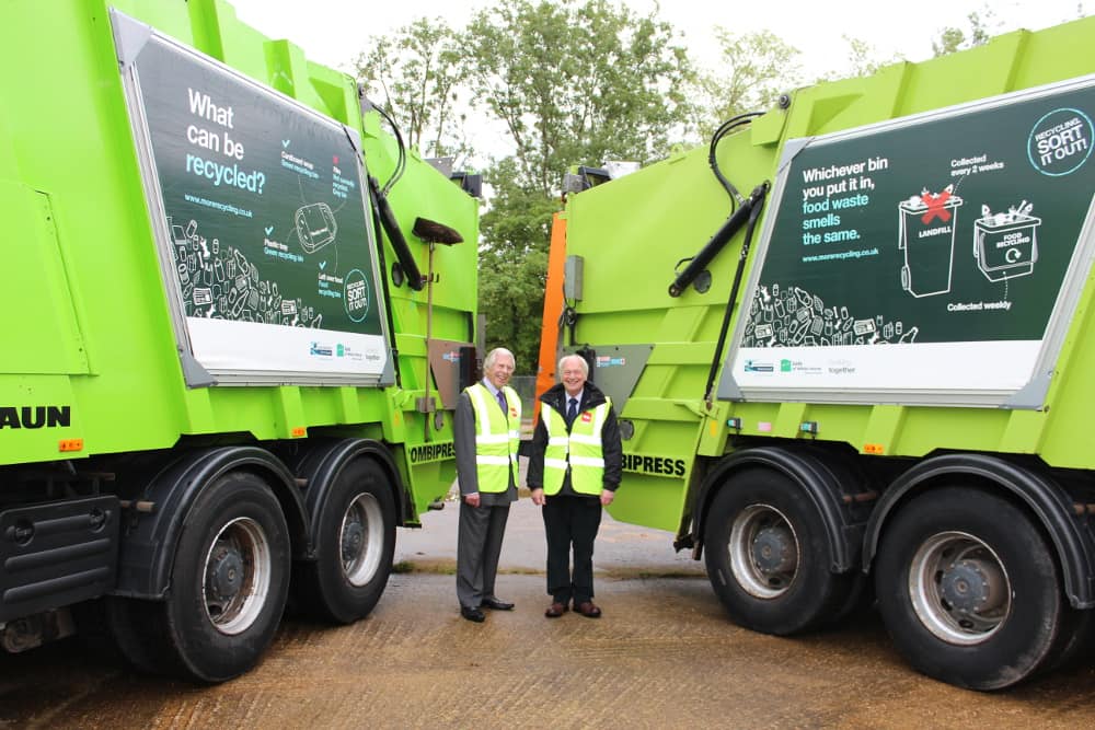 (L-R) Councillor Reg Waite, cabinet member for recycling and waste in the Vale of White Horse and Councillor David Dodds, cabinet member for recycling and waste in South Oxfordshire, celebrate renewing their contract with Biffa in May