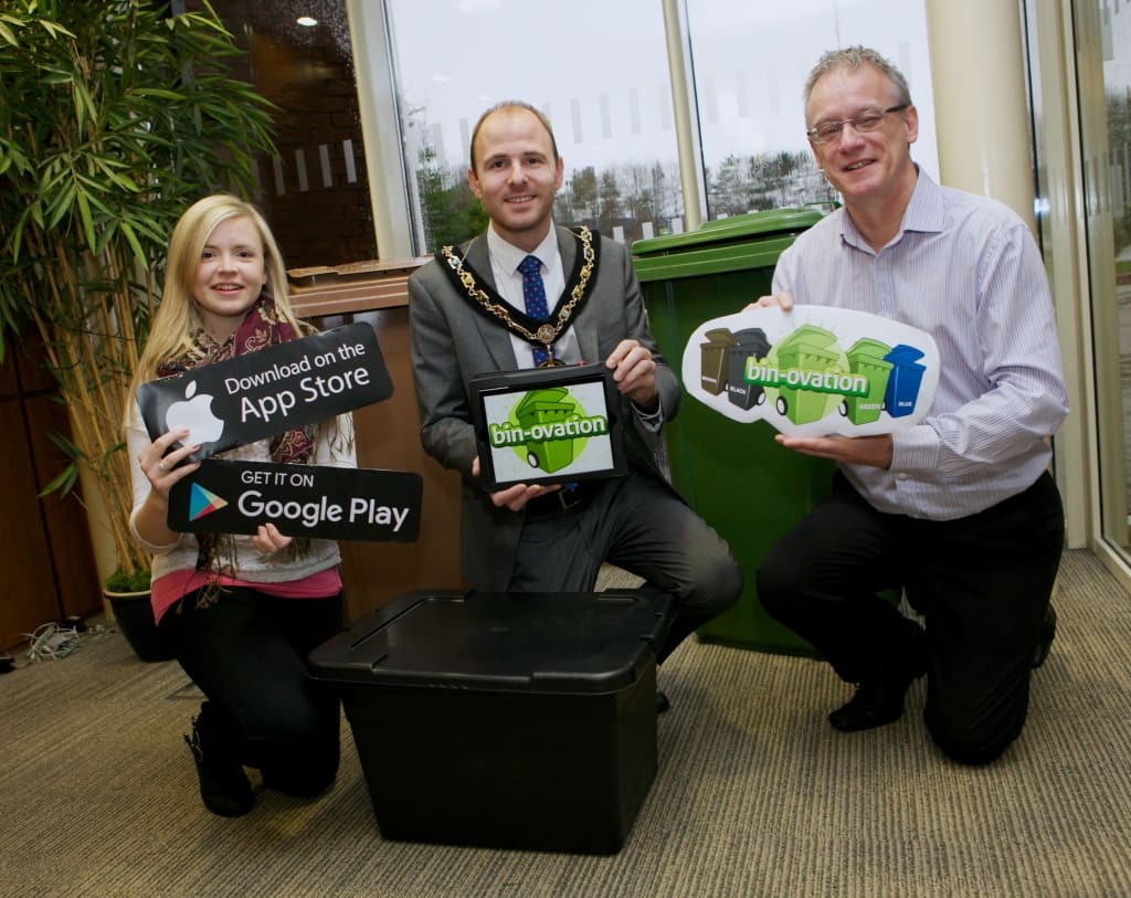 From l-r: Catherine Dynes, council recycling inspector, Darryn Causby, lord mayor of Armagh, Banbridge and Craigavon, Gerry McAleer from Bin-Ovation Limited